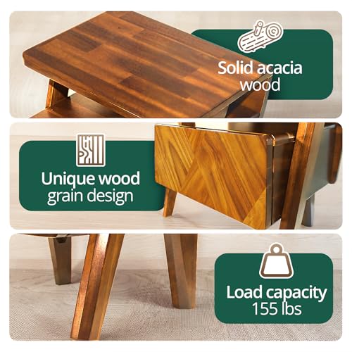 Image of Rum Nightstand with Drawers, Solid Acacia Wood Bedside Table with Drawer & Open Shelf, Handcrafted Wood Grain End Table, Scratch & Water-Resistant, Durable & Easy Assembly (Caramel, Rum)