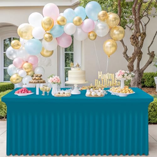 Image of Smiry Spandex Elastic Fitted Table Cloth Skirt for 5FT Rectangle Table | Stretch Washable Table Cloth, Banquet Table Cover for Wedding, Party, Indoor & Trade Shows, (Turquoise, 60Lx30Wx30H)