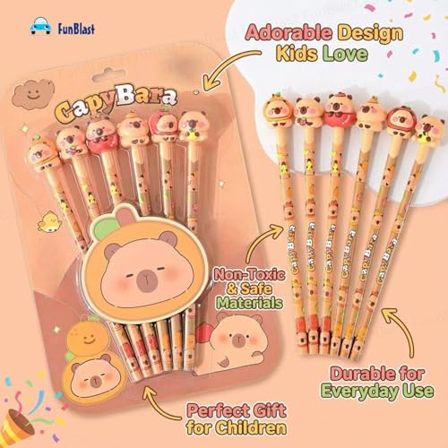 Image of FunBlast Capybara Pencils with Cute Erasers on Top - Pack of 6 Cartoon Pencil for Kid with 3D Kawaii Topper, Writing Drawing Tools for Kids, Birthday Return Gift for Kids (B)