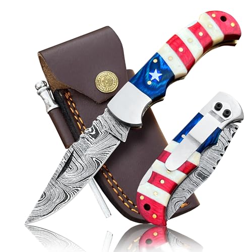 Damascus Steel Pocket Knife with Clip and Leather Sheath - EDC Knife for Outdoor and Camping Activities, Handmade Folding Knife, Free knife Sharpner (American Flag handle) (American Flag Handle)