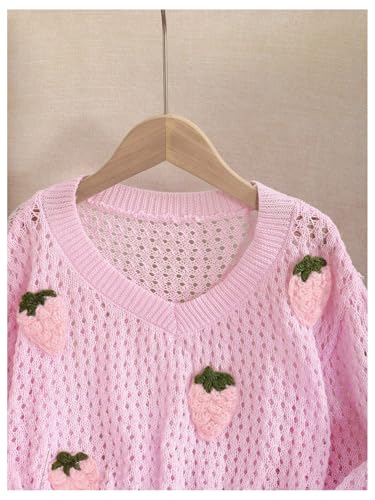 SOLY HUX Girl's Crochet Sweater V Neck Long Sleeve Hollow Out Knit Strawberry Cute Pullover Tops3