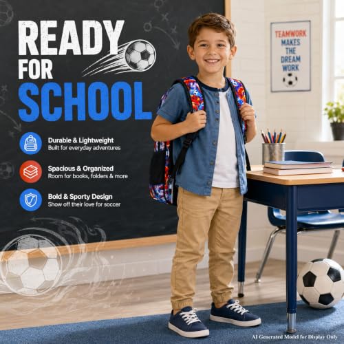 Image of Soccer Backpack for Boys, 16 inch Kids Bookbag with Lunch Box, 3Pcs Football School Backpacks for Elementary Preschool Kindergarten (Fire and Ice)