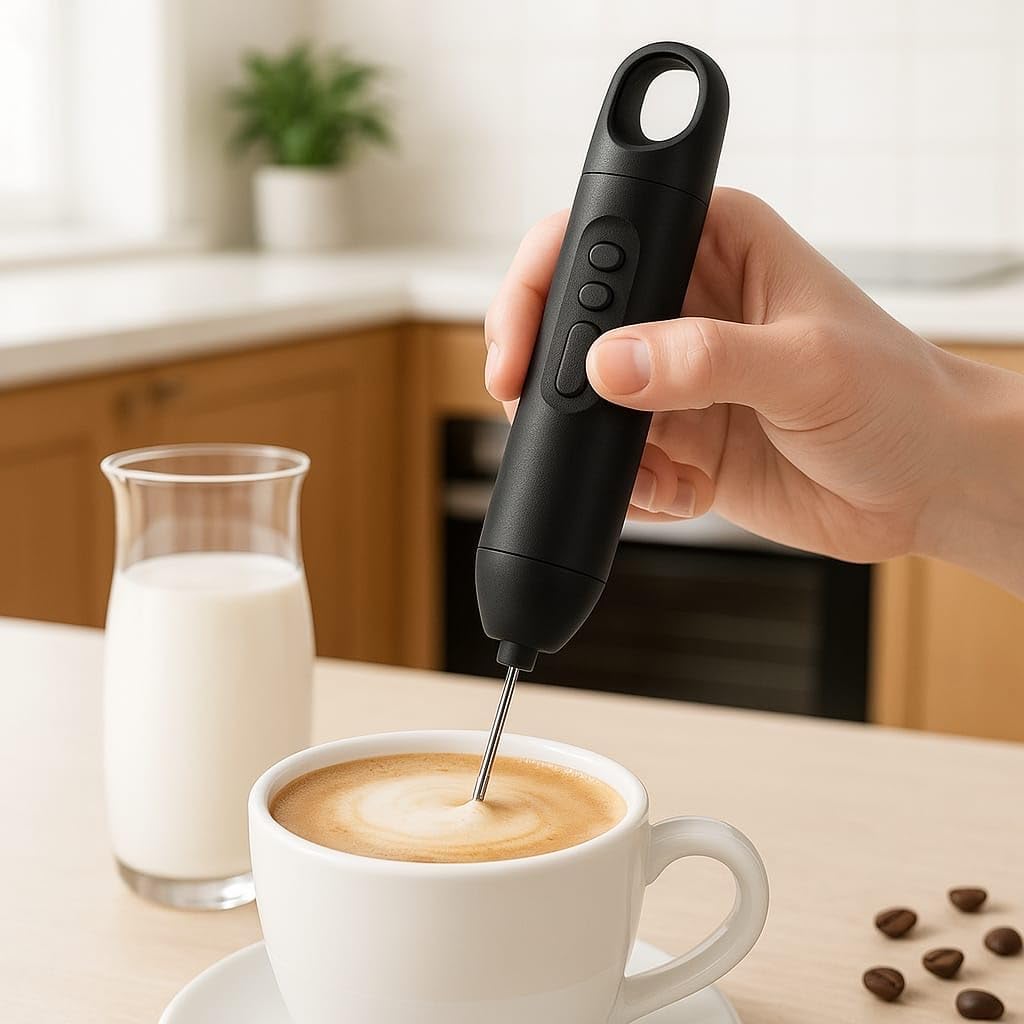 Rechargeable Handheld Milk Frother with 3 Whisk Attachments, USB-C Charging, 3-Speed Electric Foam Maker, 1500mAh Battery, Stainless Steel Mixer for Coffee, Latte, Matcha and Hot Chocolate