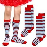 SOMSOC 2 Pairs Kids Red and Light Blue Striped Knee High Socks Toddler Sock Girl Socks Novelty Striped Sock for Boy Girl