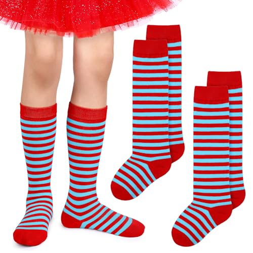 SOMSOC 2 Pairs Kids Red and Light Blue Striped Knee High Socks Toddler Sock Girl Socks Novelty Striped Sock for Boy Girl