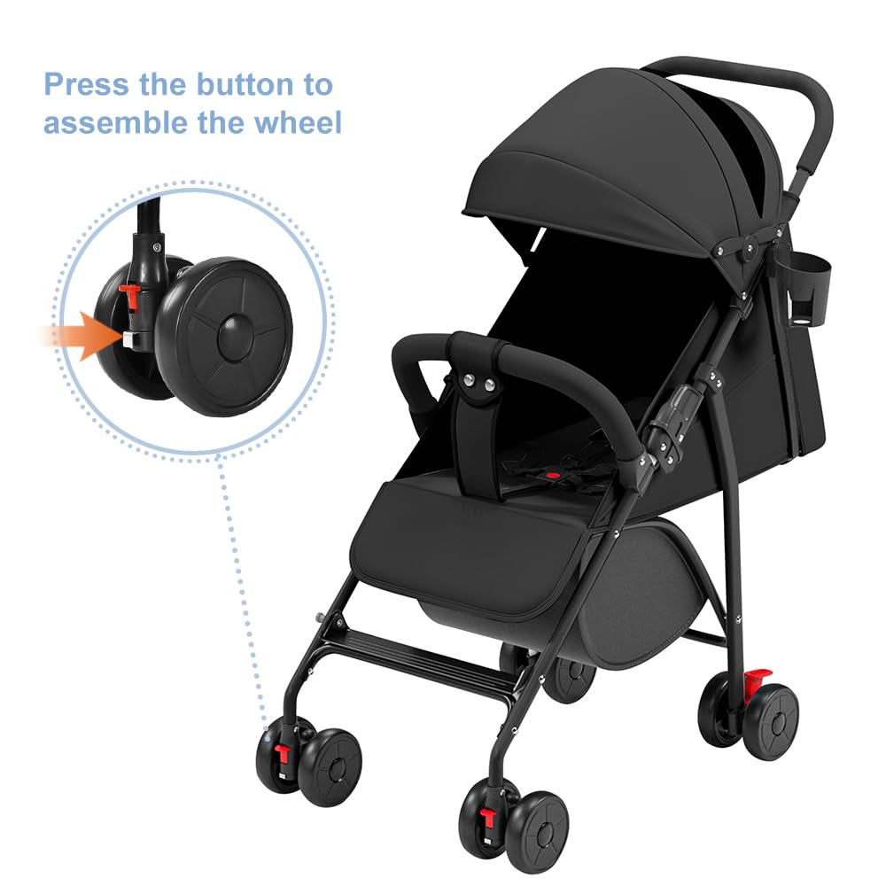 Passeggino canna compatto, 0-4 anni (30kg max), leggero (4,8 kg), passeggino canna bebe comfort,pieghevole compatto e inclinabile, con cotone, porta bicchiere, parasole (nero)