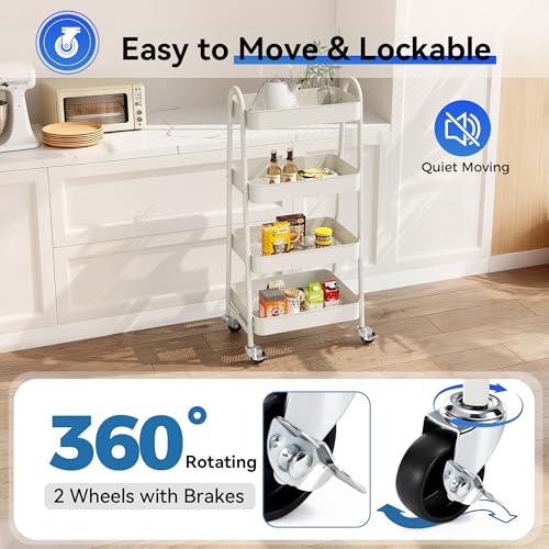 Image of OLIXIS Metal 4 Tiers Utility Rolling Cart, Mobile Storage Shelf with Lockable Caster Wheels, Organization for Livingroom, Bathroom & Narrow Places, 4-Tier White
