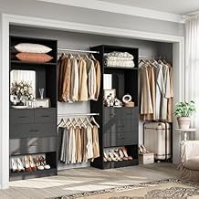 Unikito Closet Systems, 6-14FT Walk in Closet Organizer with 8 Drawers and Mirror, 168" Large Wood Closets Insert with Tower, Sturdy Wardrobe Closets Garment Rack with Extendable Hanging Rods, Black