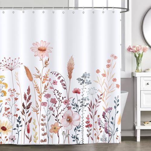 Bonhause Cortina de Ducha Otoño Flores y Hojas Planta de Acuarela Flor Colorida Cortina de Baño de Poliéster Impermeable Antimoho Lavable Cortina Ducha 180 x 180 cm con 12 Ganchos