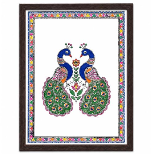 Image of PAPER PAJAMA Peacock Pair Wall Art for Living Room | Madhubani Peacock Painting | Traditional Indian Folk Art Bird Artwork Framed Decor for Home, Bedroom & Office (10x13 Inches)