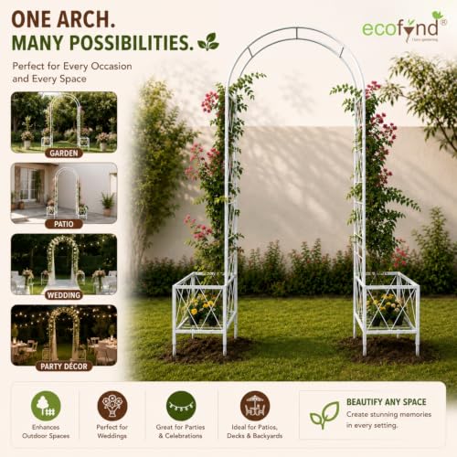 Image of ecofynd 5 Feet High x 4 Feet Wide Graden Arch Plant Stand, Metal Arbor Trellis for Climbing Plants, Backdrop Stand for Indoor Outdoor Lawn Wedding Backyard Party Decoration Items, Patio (GARCH003-WHT)