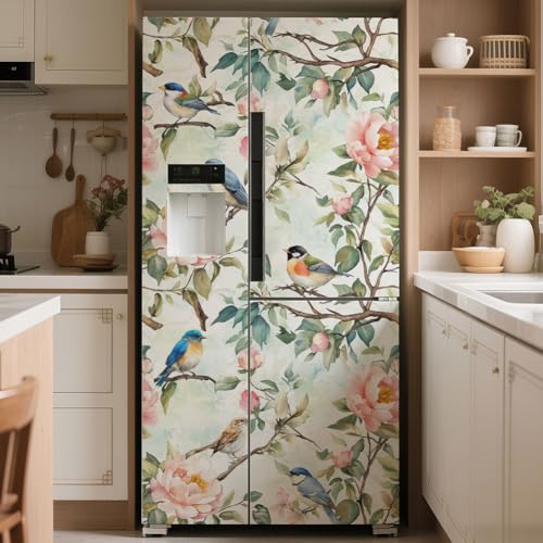 GOMAKERER 2 Pcs Bird and Branch Removable Refrigerator Wraps, Flowers Self-Adhesive Fridge Door Mural Vinyl Freezers Panel Cover Sticker for Kitchen Bar Decor, 16.34x78.74 Inch by GOMAKERER - Used condition - Image 5