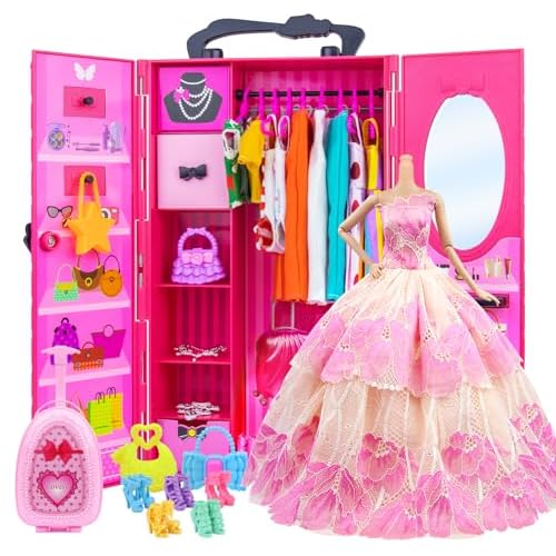 ZITA ELEMENT 11.5 Inch Girl Doll Closet Wardrobe with Clothes and Accessories Set 101 Pcs Including Wardrobe Suitcase Clothes Dresses Swimsuits Shoes