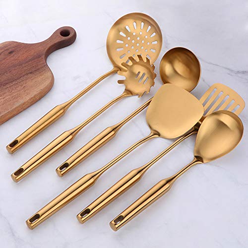 Küchenhelfer-Set, Edelstahl, 10-teilig, Kochutensilien mit Schlitzlöffel, Pfannenwender, Schöpflöffel, Skimmer, Stimmgerät, Spaghettiheber, Kochlöffel, Gold-Finish