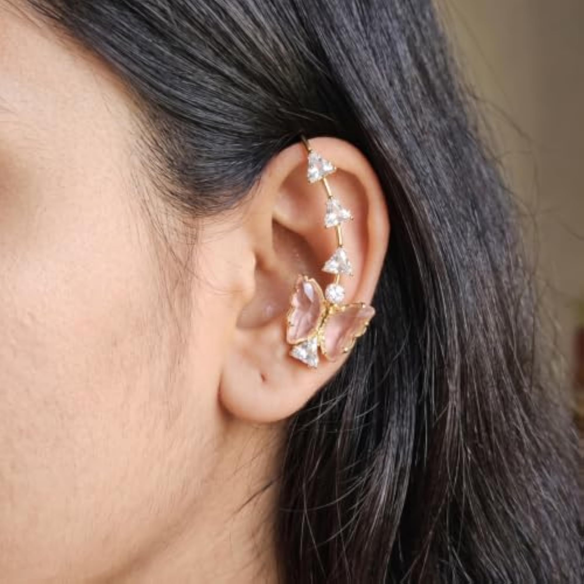 Plated Pink Butterfly Ear Cuffs & Crystal Ear Climbers