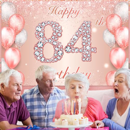 Image of Happy 84th Birthday Rose Gold Banner Cheers to 84 Years Old Backdrop Confetti Balloons Theme Decor for Women 84 Years Old Pink Birthday Party Decorations Bday Supplies Background Favors Gift Glitter
