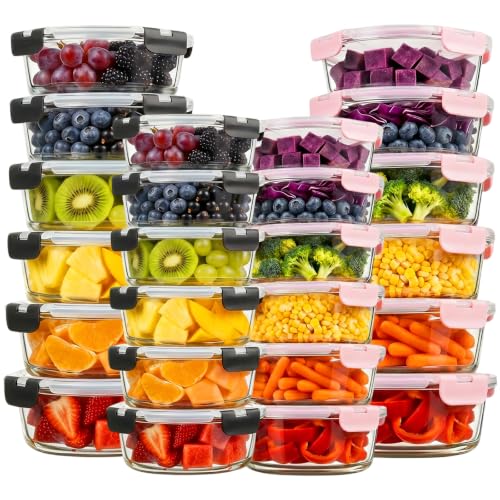 Image of Konokyo 24 Pack Round Glass Food Storage Containers with Lids, 12 Pink + 12 Black, Airtight Leakproof Meal Prep Containers, BPA-Free, Microwave Oven Freezer & Dishwasher Safe