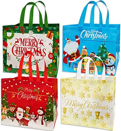RMMD Christmas Tote Bags with Handles 4 Pack Large Christmas Gift Bags for Presents Reusable Christmas Grocery Shopping Bags Non-Woven Christmas Present Bags Xmas Gift Tote Bags large For Presents