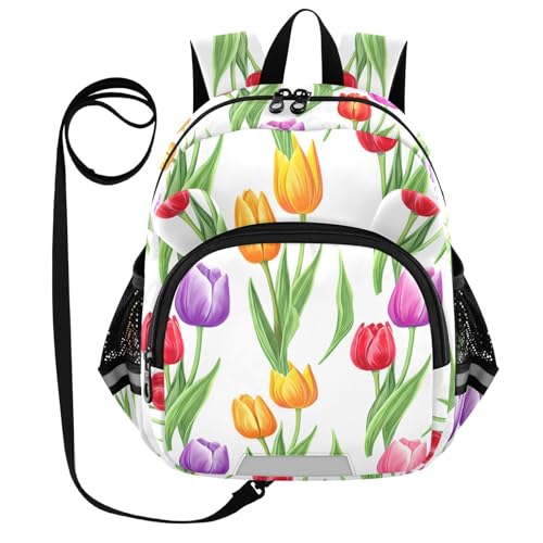 Colorful Tulip Flowers White Toddler Harness Backpack for Boys Girls 3-6 Years Kids Backpack with Anti Lost Safety Leash Baby Protection Backpack for Preschool Walking Travel