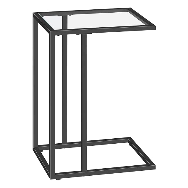 HOOBRO C Shaped End Table Tempered Glass Snack Side Table with Metal Frame TV Tray Table for Small