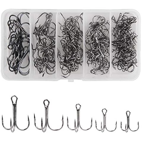 Black Treble Hooks Kit,145pcs Sharp Round Bend Treble Fishing Hooks Set High Carbon Steel Barbed Triple Fish Hook for Trout Catfish Saltwater Freshwater Size 2 4 6 8 10 Cover