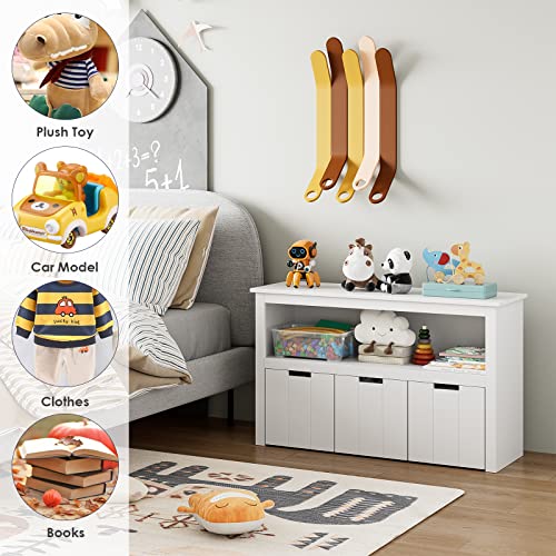Fotosok Toy Storage Cabinet With 3 Movable Drawers, Floor Storage Organizer With Hidden Wheel & Large Open Bookhelf, Organizer Chest For Playroom And Bedroom, White #TOP4
