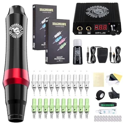 Dragonhawk S4 Tattoo Pen Kit, Complete Tattoo Machine Gun Kit, Slim Tattoo Pen with Cartridges Needles by Dragonhawklabs, Tattoo Power Supply & Black Tattoo Ink - General Tattoo Kit
