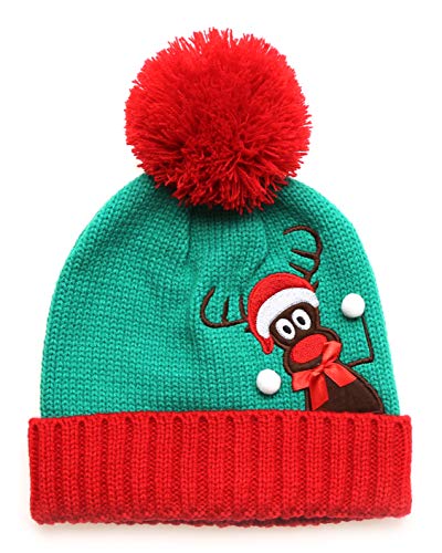 MIRMARU Christmas Holiday Fashion Collections Winter Knitted Pom Pom Beanie Hat. (ReindeerSnowball)