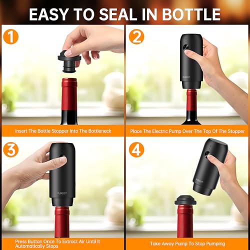 PURZOT Rechargeable Electric Vacuum Wine Sealer Pump, One-Touch Automatic Air Remover, Cordless Type-C Charging Preservation Tool with Reusable Stopper for Home Bar Kitchen Party — view 5