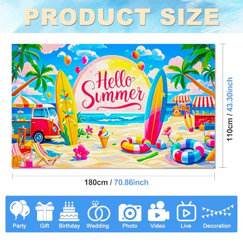 Image of BlissYard Hello Summer Banner 71 x 43 Inch Summer Party Decorations Backdrop Beach Car Surfboard Ice Cream Luau Party Decorations Pool Party Photo Backdrop Indoor Outdoor Wall Decor