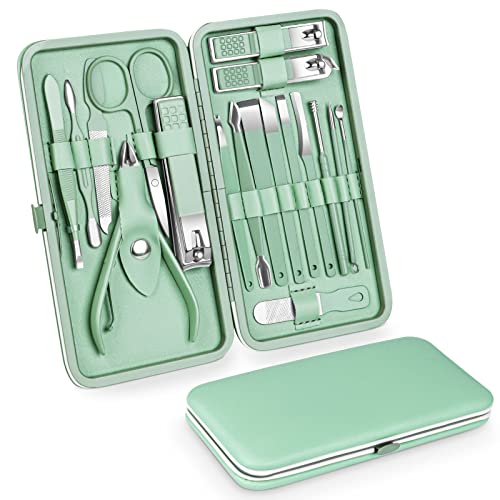 Teamkio 18pcs Manicure Set Pedicure Nail Clippers Set Travel Hygiene Kit Stainless Steel Professional Cutter Care Set Scissor Tweezers Knife Ear Pick Tools Grooming Kits with Leather Case
