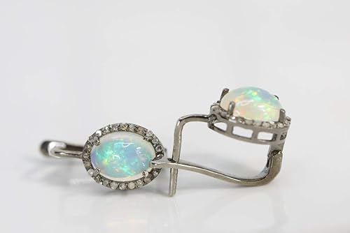Miniatura 9 de Aretes ovalados con piedras preciosas de ópalo auténtico, con diamantes genuinos, idea de regalo para el día de San Valentín y Día de la Madre