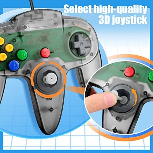 2 Pack FISUPER USB N64 Controller, Wired USB Gamepad Joystick for Windows PC MAC Raspberry PI (2X Clear Black) - 3