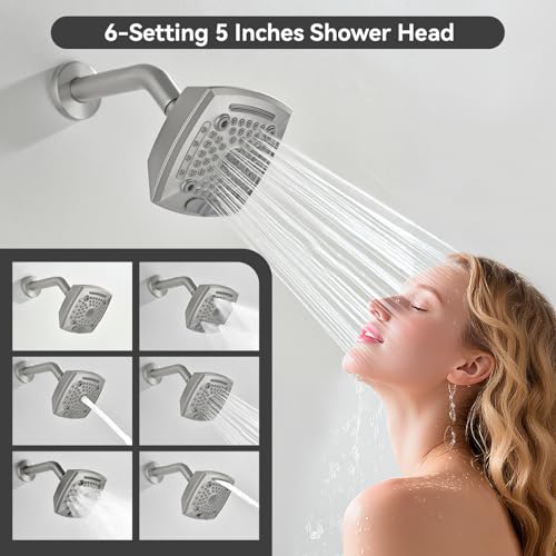 2 Handle Shower Faucet Set with Tub Spout 6-Spray Shower Head and Handle Set Shower Trim Kit with Rough-in Valve Bathroom Shower Faucet Valve Trim Kit Brushed Nickel - Thumbnail 6