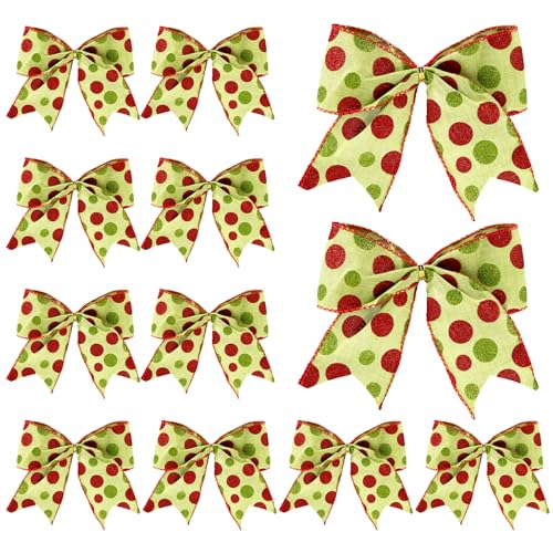 PEUTIER 12 Uds Lazos de Navidad Rojos y Verdes, 15cm Fondo Verde Decoración de Lazos de Navidad Lazos de Coronas de Navidad Lazos de Puntos para Árbol de Navidad para Fiesta Boda Árbol de Navidad