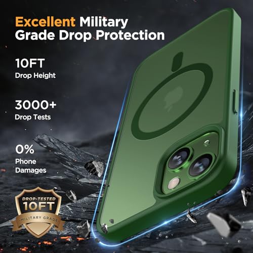 Image of Miracase Magnetic for iPhone 13 Case 6.1 inch (Compatible with MagSafe)(with 2X Screen Protectors) Military-Grade Protection, Anti-Fingerprint Translucent Matte Phone Case Cover, Dark Green