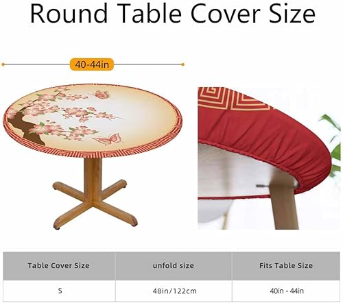 Miniatura 2 de Guxxuil Mantel redondo ajustable con borde elástico, diseño de cerezo oriental, color naranja, con borde elástico, impermeable, para 40-44 pulgadas
