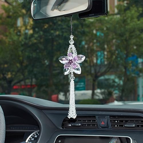Image of Crystal Flower Car Rear View Mirror Pendant Suncatcher Ornament for Automotive Decoration Accessories Interior Rearview Mirror Hanging Charm, Purple