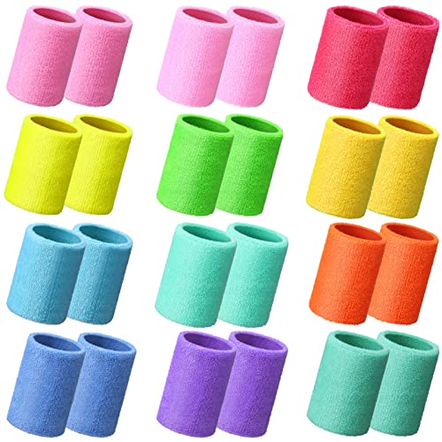 Lenwen 24 Pcs 4 Inch Wrist Sweatbands Sports Wristband for Men Women Cotton Elastic Thick Wrist Bands Gymnastics Wristbands for Grips, Tennis, Basketball, Running, Gym, Working Out(Neon)