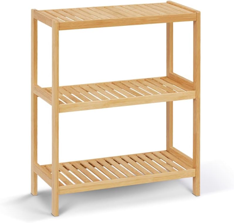 3-Tier Bamboo Freestanding Shelf Unit, Multifunctional Small Bookshelf Bookcase for Bathroom, Kitchen, Living Room, Office