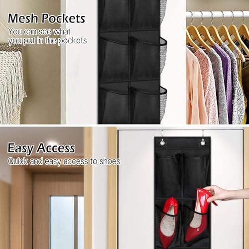 MISSLO Hanging Shoe Rack 12 Large Mesh Pockets Narrow Shoe Storage Over Door Shoe Organizer for Wardrobe Organiser Tidy with Hanger Black - Image 4