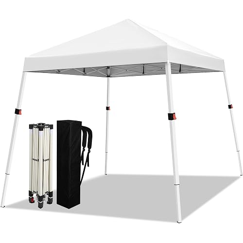 WEIZE 10x10 Slant Legs Pop Up Canopy Tent, 1-Button Push Setup Canopy Tent, Adjustable Height Instant Portable Shelter, Protable Backpack, Easy Outdoor Sun Shade for Events, 8x8 Top, White