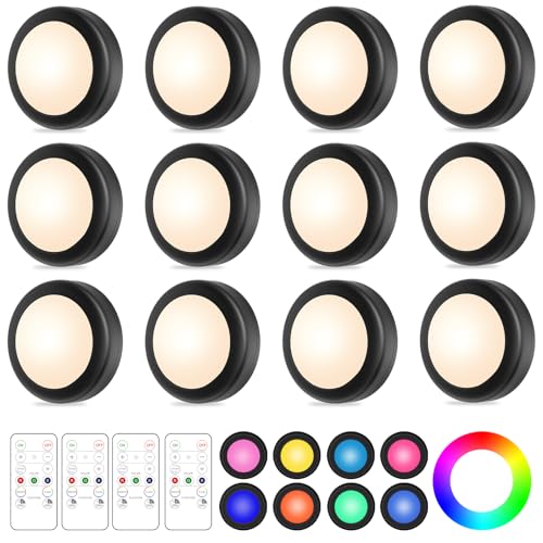 Yiliaw 12 Pack LED Puck Lights Remote Control 16 Color Changeable Under Cabinet Lights, Battery...