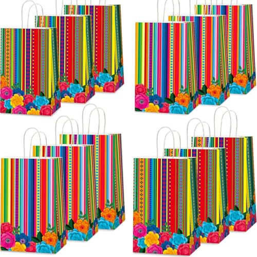 12pcs Mexican Fiesta Party Favor Bags Mexican Treat Bags Fifth De Mayo Candy Bag Floral Stripes Gift Goodie Bag for Flowers Birthday Party Taco Wedding Baby Shower Supplies Decorations 4.7*3.15*8inch