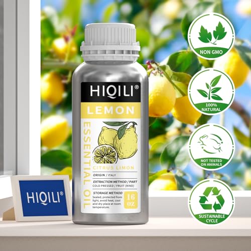 Image of HIQILI Lemon Essential Oil for Cleaning, Degreasing & Household Use, Skin Care, Aromatherapy, Diffuser - 16 Fl Oz