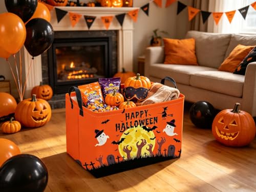 Image of Sanjiaofeng Rectangular Halloween Ghost Storage Basket,Empty Halloween Basket.Trick or Treat Halloweens Baskets,Pumpkin Baskets with Handles.Books Bins,Gifts Box(Hat Spirit)