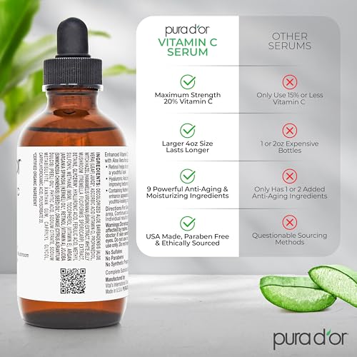 image for PURA D'OR 20% Vitamin C Facial Serum 4 Oz - Antioxidant Blend with Ret