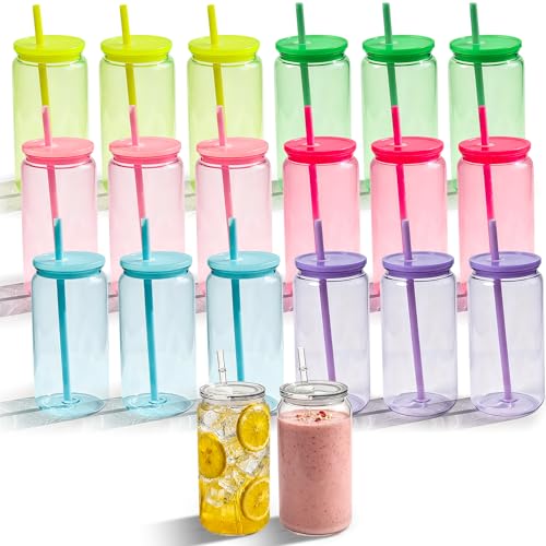 Paoren 16oz Acrylic Tumblers Cups with Lids and Straws, 20 Pack Plastic Mason Jars Iced Coffee Drinking Glasses for Park Picnic, Poolside, Party Giveaways, Clear Color