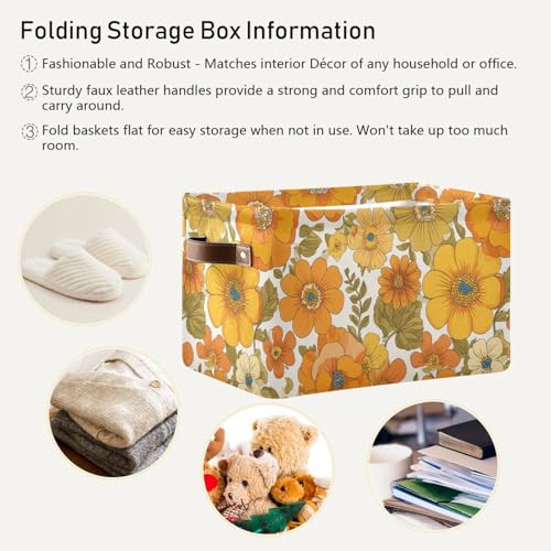 Image of Aslsiy Storage Basket Vintage 70s Style Flowers Nursery Bins Baby Box Canvas Clothes Shelf Basket Laundry Hamper Gift Baskets for Home Closet 1 Pcs