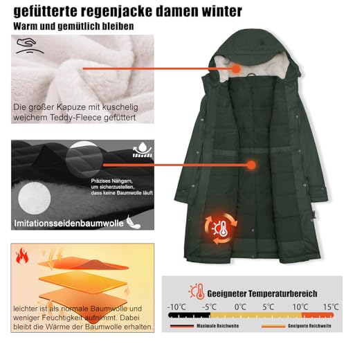 Regenmantel Damen Wasserdicht Regenjacke Winterjacke Damen Lang Wintermantel Warm Gefütterte Friesennerz Übergangsjacke Herbst Softshelljacke mit Kapuze Windbreaker Parka Winter,Dunkelgrün,44
